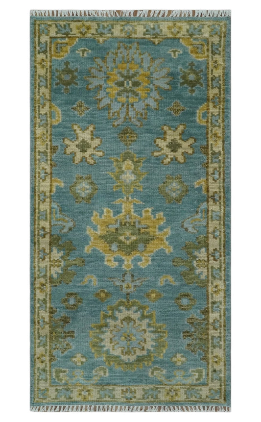 Custom Made Hand Knotted Green And Blue Oushak Runner Wool Rug.