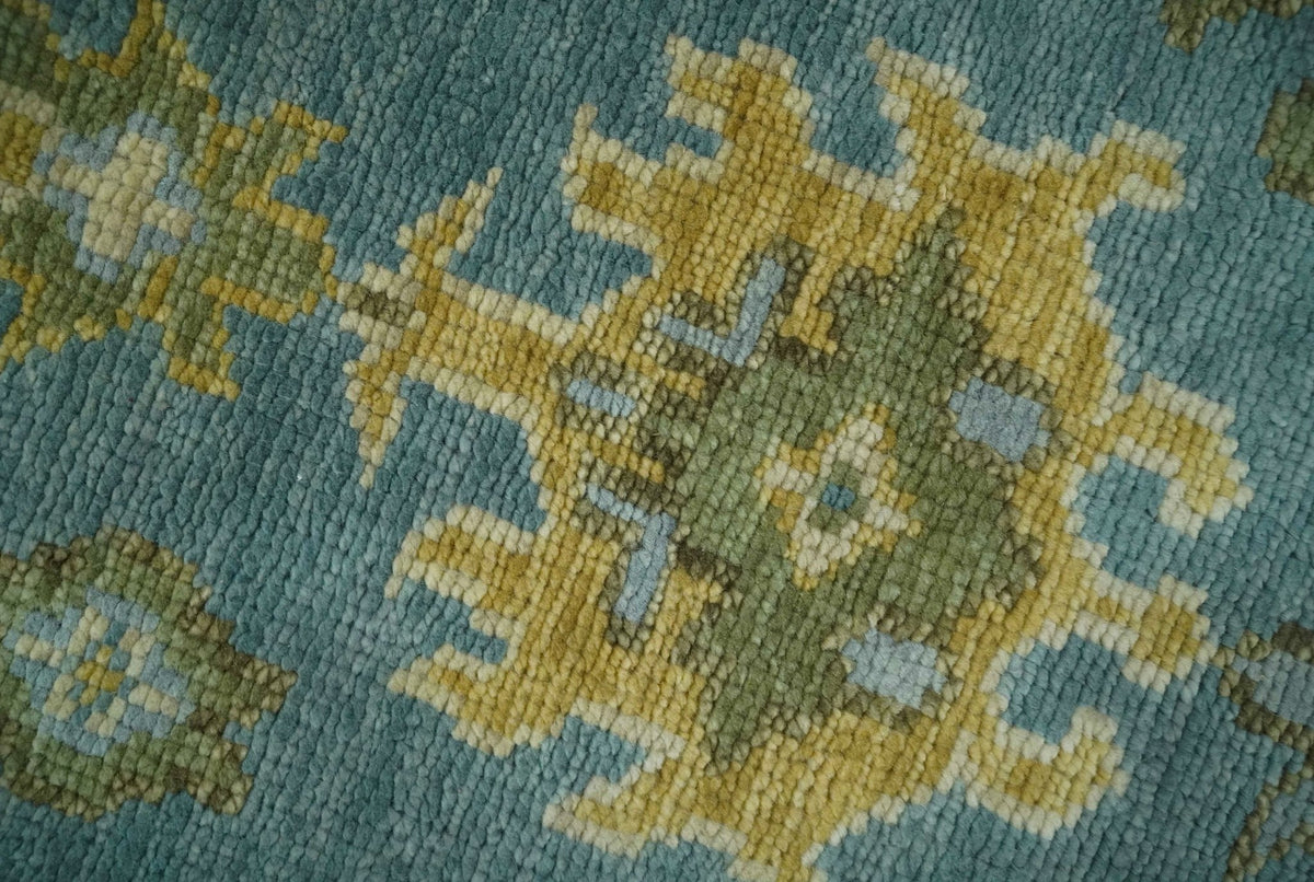 Custom Made Hand Knotted Green And Blue Oushak Runner Wool Rug.