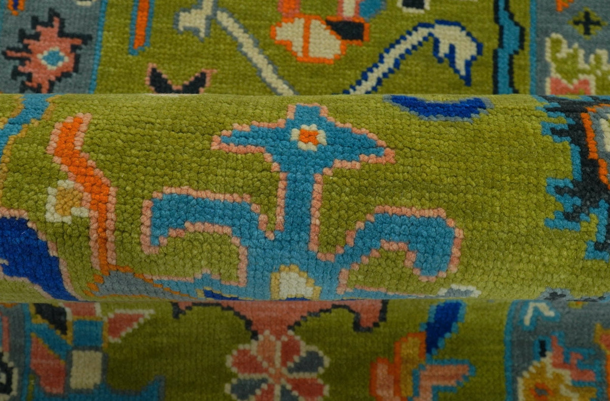 Custom Made Hand Knotted Green And Gray Oushak Runner Rug.