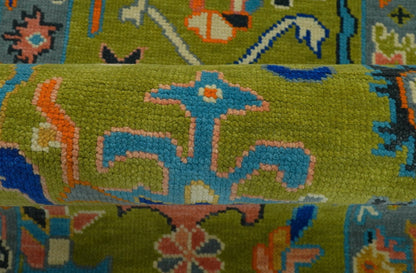 Custom Made Hand Knotted Green And Gray Oushak Runner Rug.