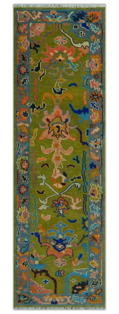 Custom Made Hand Knotted Green And Gray Oushak Runner Rug.