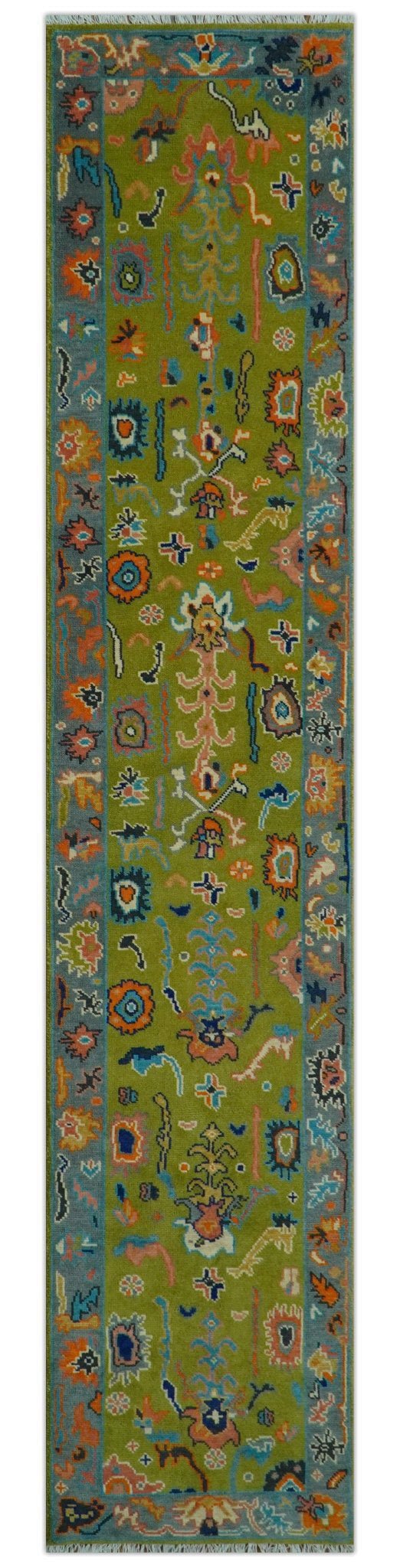 Custom Made Hand Knotted Green And Gray Oushak Runner Rug.