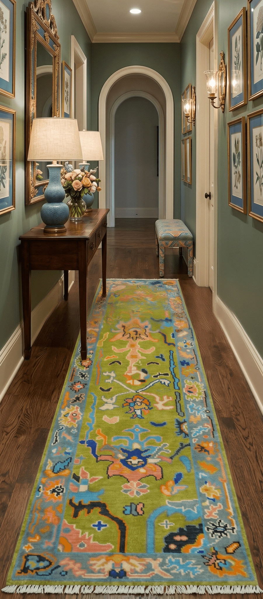 Custom Made Hand Knotted Green And Gray Oushak Runner Rug.