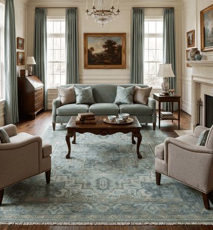 Custom Made Hand Knotted Green and Taupe Traditional wool rug.