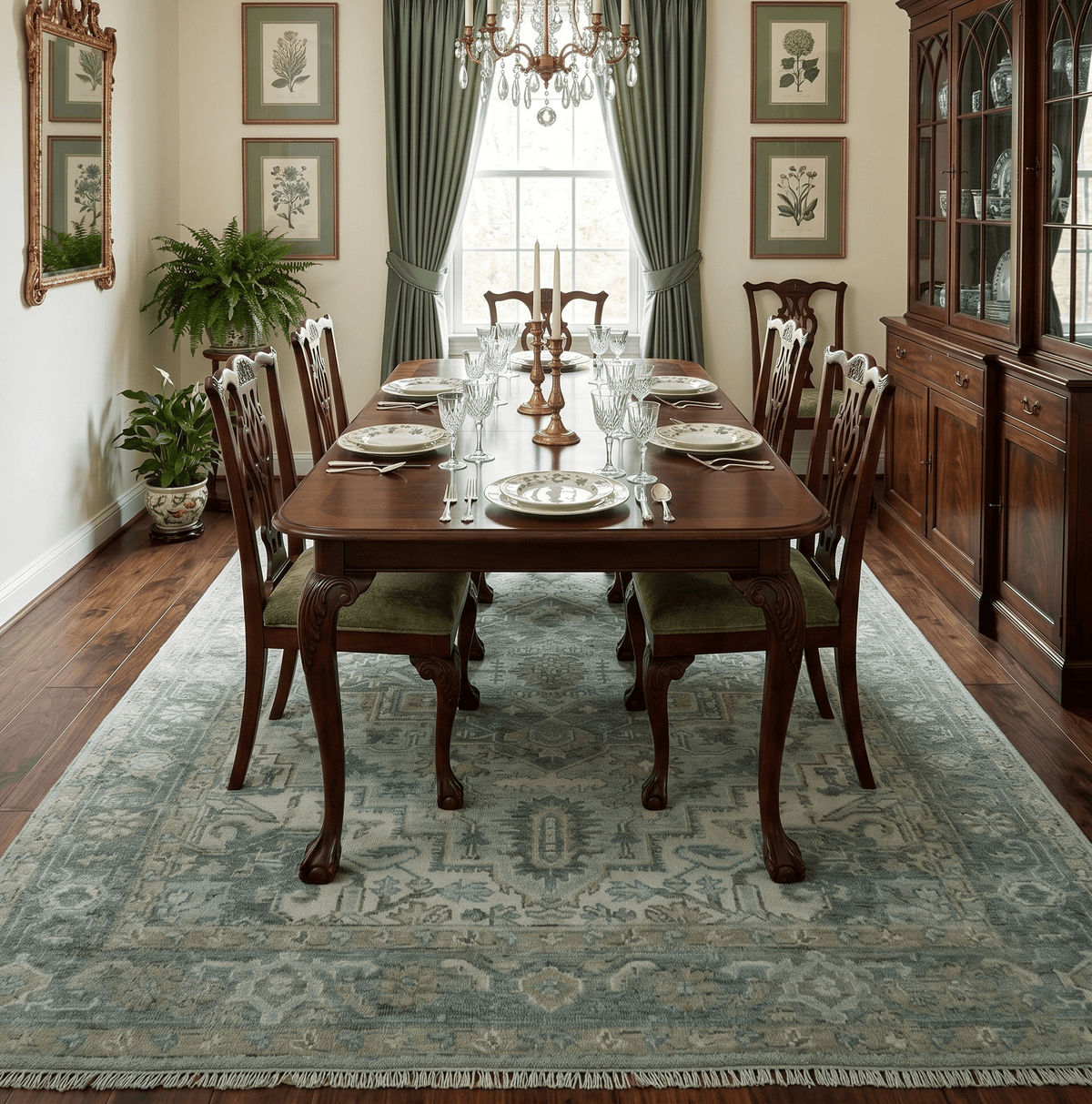 Custom Made Hand Knotted Green and Taupe Traditional wool rug.