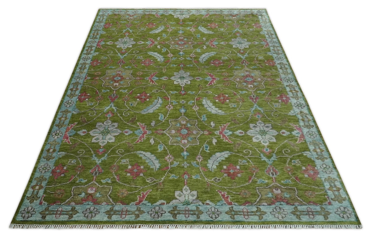 Custom Made Hand Knotted Green, Silver and Maroon Traditional Wool Area Rug.