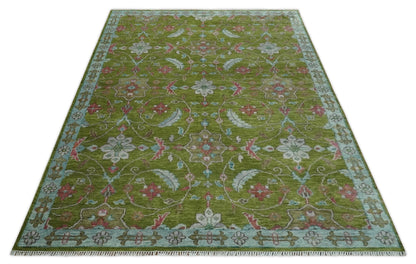 Custom Made Hand Knotted Green, Silver and Maroon Traditional Wool Area Rug.