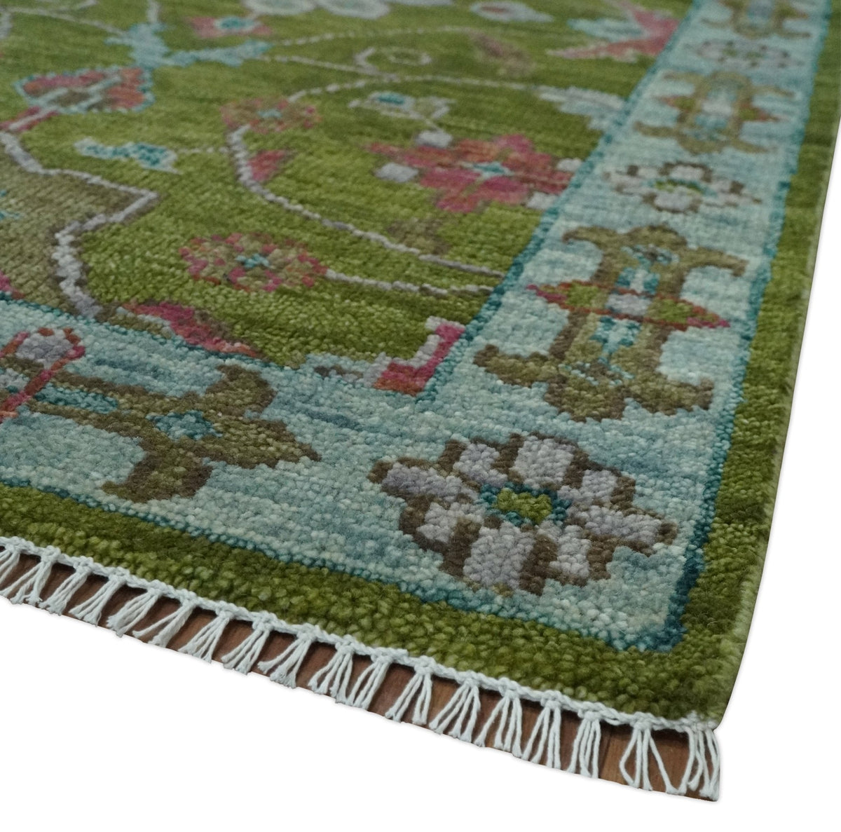 Custom Made Hand Knotted Green, Silver and Maroon Traditional Wool Area Rug.