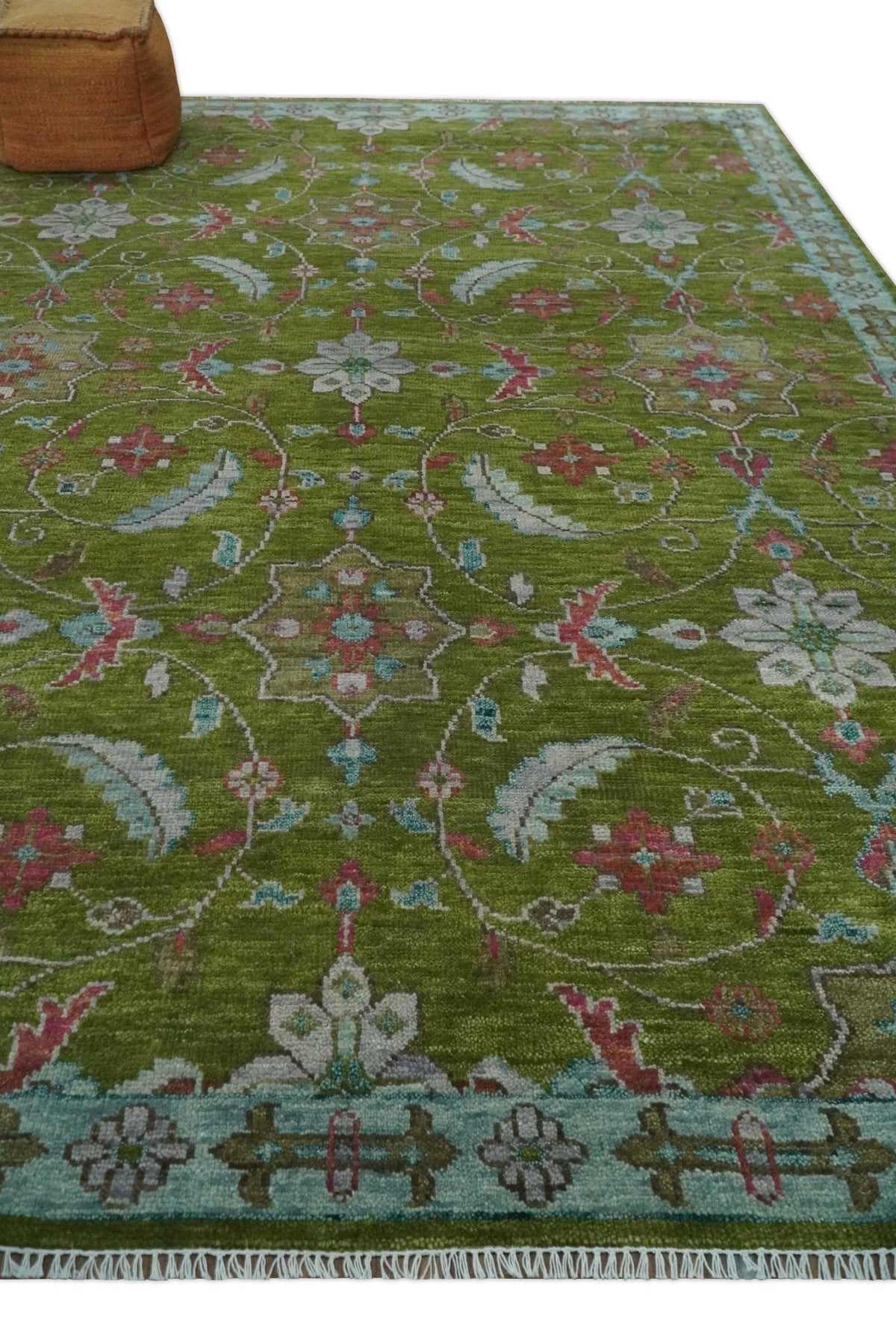 Custom Made Hand Knotted Green, Silver and Maroon Traditional Wool Area Rug.