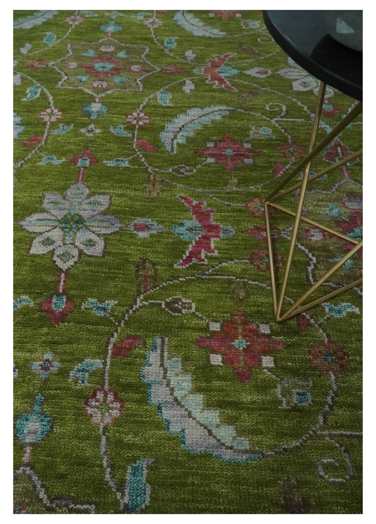Custom Made Hand Knotted Green, Silver and Maroon Traditional Wool Area Rug.