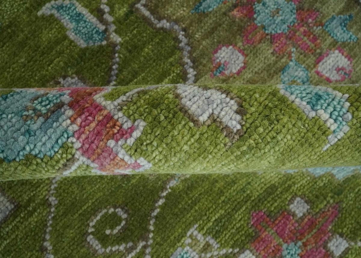 Custom Made Hand Knotted Green, Silver and Maroon Traditional Wool Area Rug.