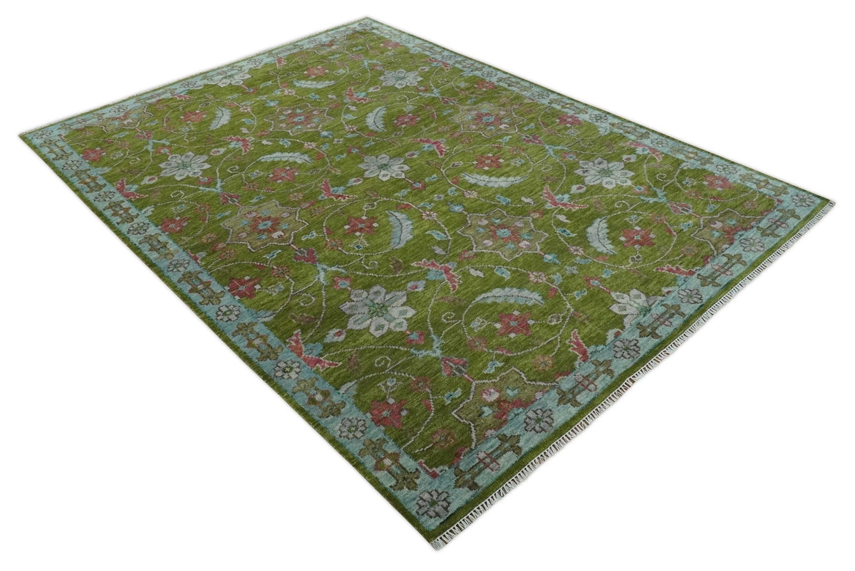 Custom Made Hand Knotted Green, Silver and Maroon Traditional Wool Area Rug.