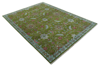 Custom Made Hand Knotted Green, Silver and Maroon Traditional Wool Area Rug.