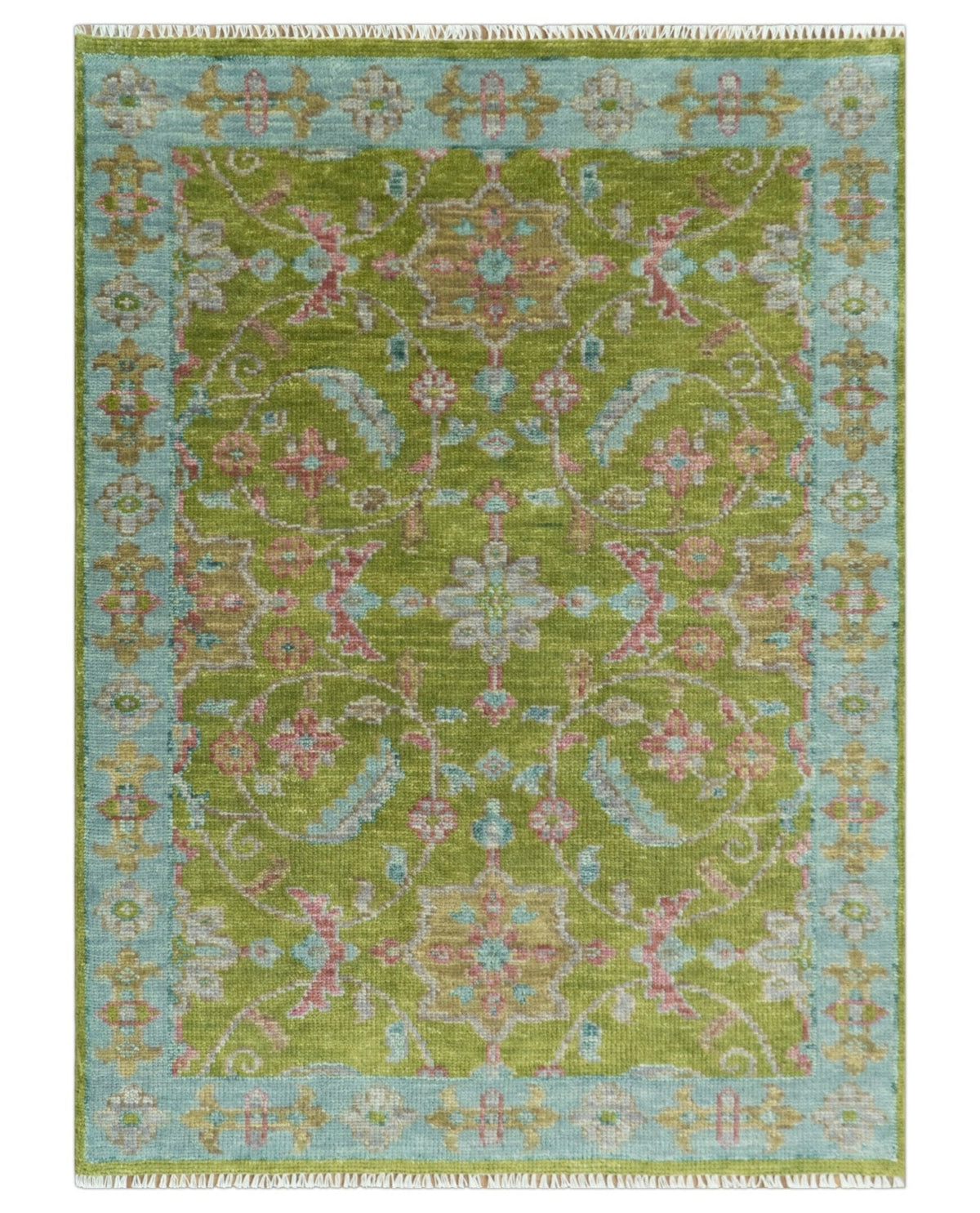 Custom Made Hand Knotted Green, Silver and Maroon Traditional Wool Area Rug.
