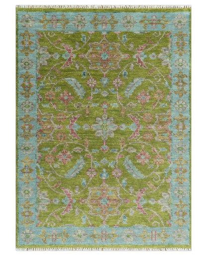Custom Made Hand Knotted Green, Silver and Maroon Traditional Wool Area Rug.