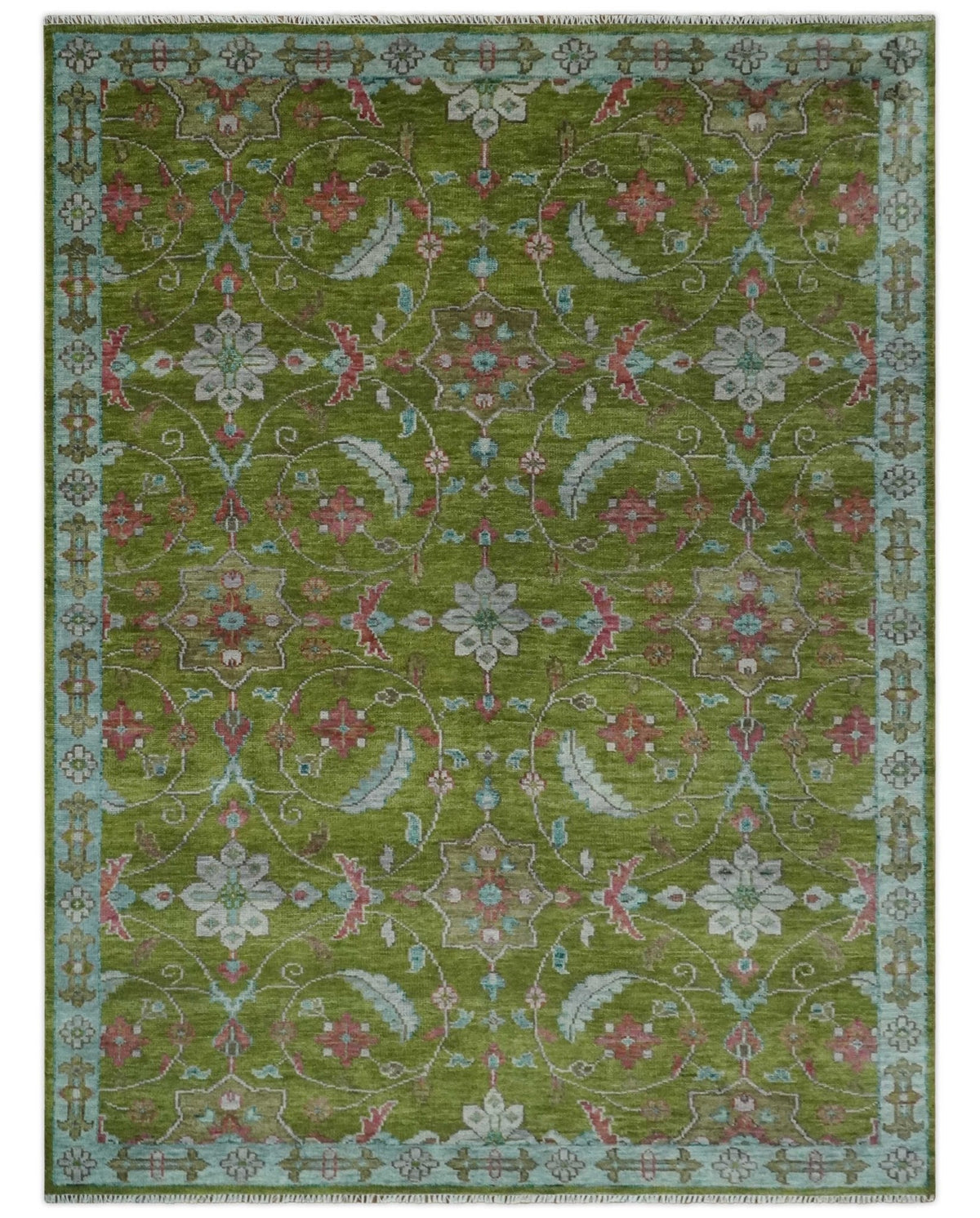 Custom Made Hand Knotted Green, Silver and Maroon Traditional Wool Area Rug.