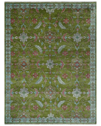Custom Made Hand Knotted Green, Silver and Maroon Traditional Wool Area Rug.