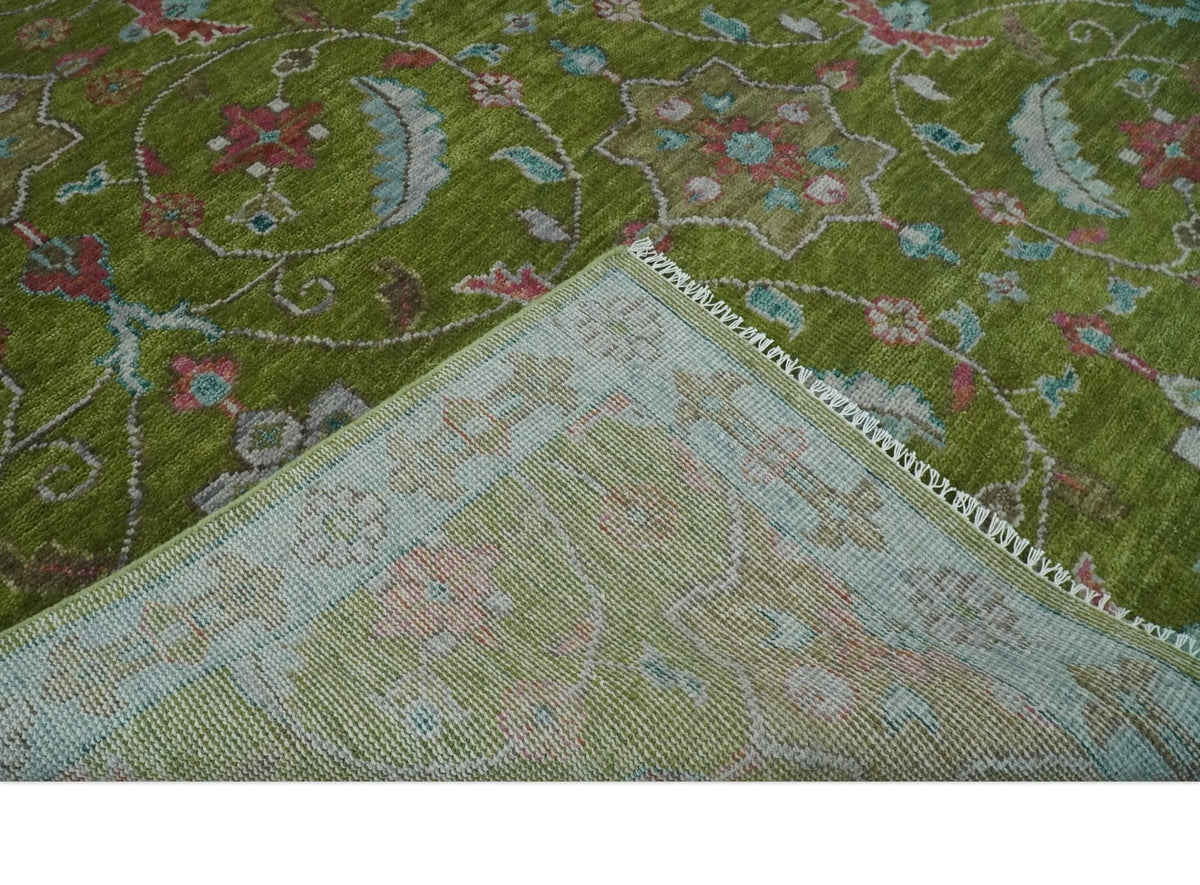 Custom Made Hand Knotted Green, Silver and Maroon Traditional Wool Area Rug.