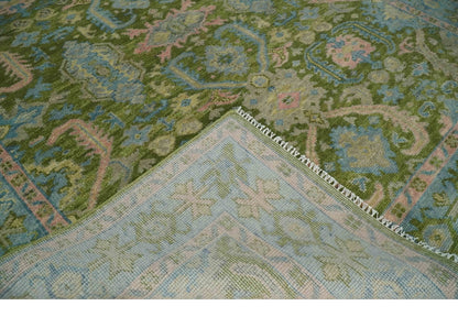 Custom Made Hand Knotted Green, Silver and Peach Traditional Oushak Wool Area Rug.