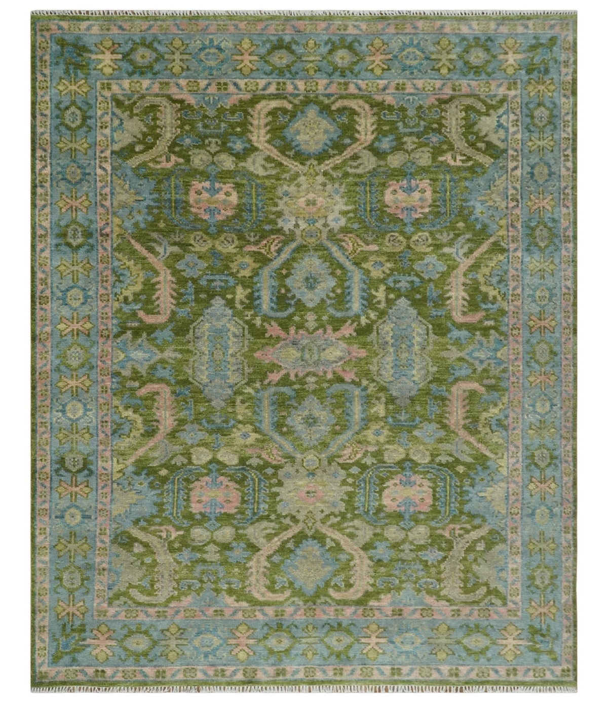 Custom Made Hand Knotted Green, Silver and Peach Traditional Oushak Wool Area Rug.