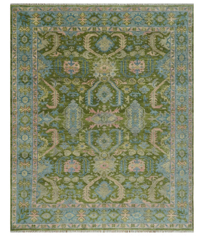 Custom Made Hand Knotted Green, Silver and Peach Traditional Oushak Wool Area Rug.