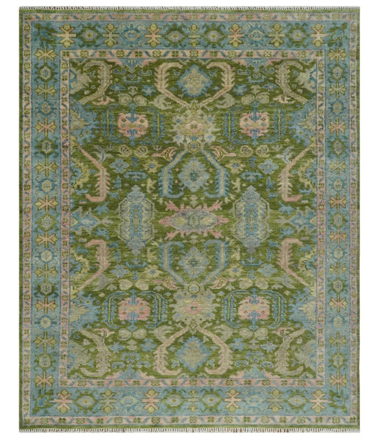 Custom Made Hand Knotted Green, Silver and Peach Traditional Oushak Wool Area Rug.