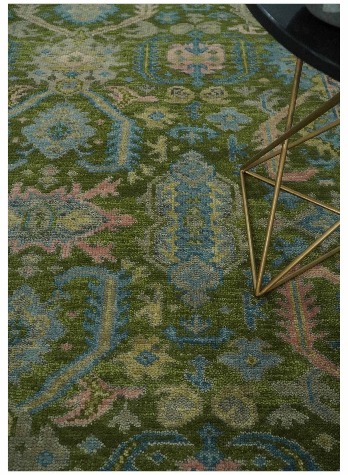 Custom Made Hand Knotted Green, Silver and Peach Traditional Oushak Wool Area Rug.