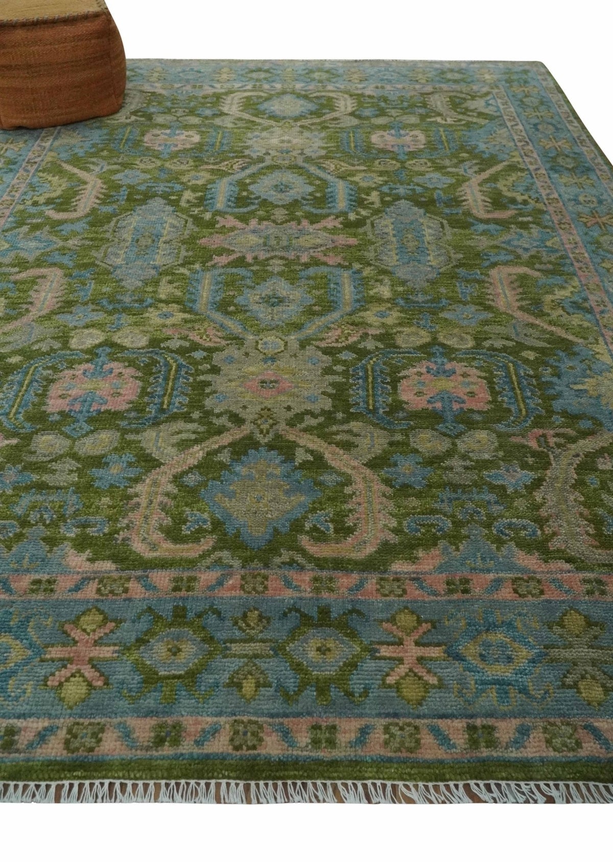 Custom Made Hand Knotted Green, Silver and Peach Traditional Oushak Wool Area Rug.