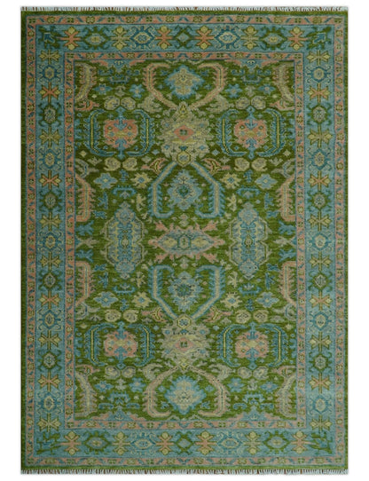 Custom Made Hand Knotted Green, Silver and Peach Traditional Oushak Wool Area Rug.