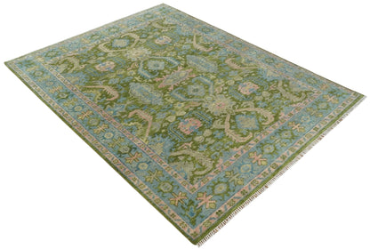 Custom Made Hand Knotted Green, Silver and Peach Traditional Oushak Wool Area Rug.