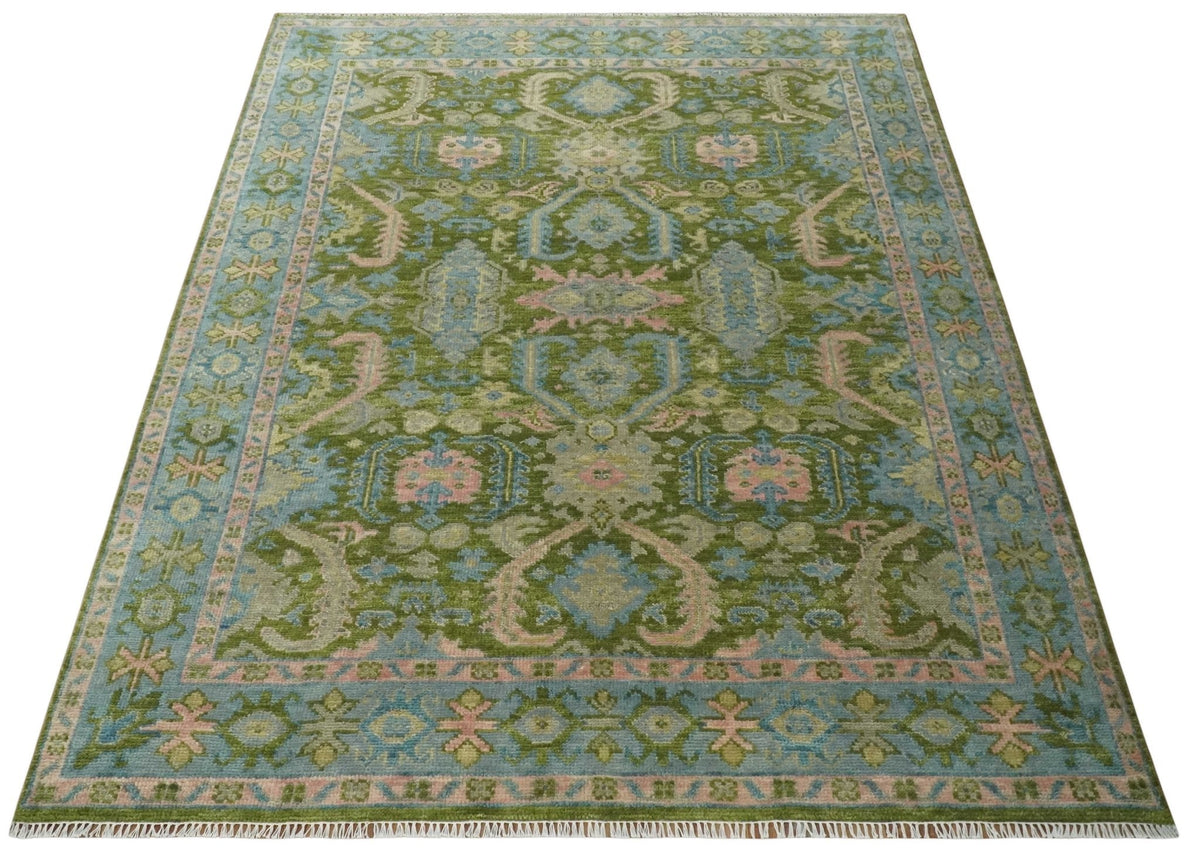 Custom Made Hand Knotted Green, Silver and Peach Traditional Oushak Wool Area Rug.