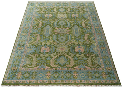 Custom Made Hand Knotted Green, Silver and Peach Traditional Oushak Wool Area Rug.