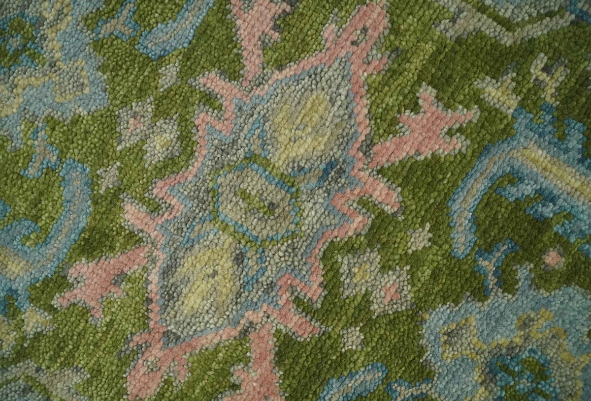 Custom Made Hand Knotted Green, Silver and Peach Traditional Oushak Wool Area Rug.