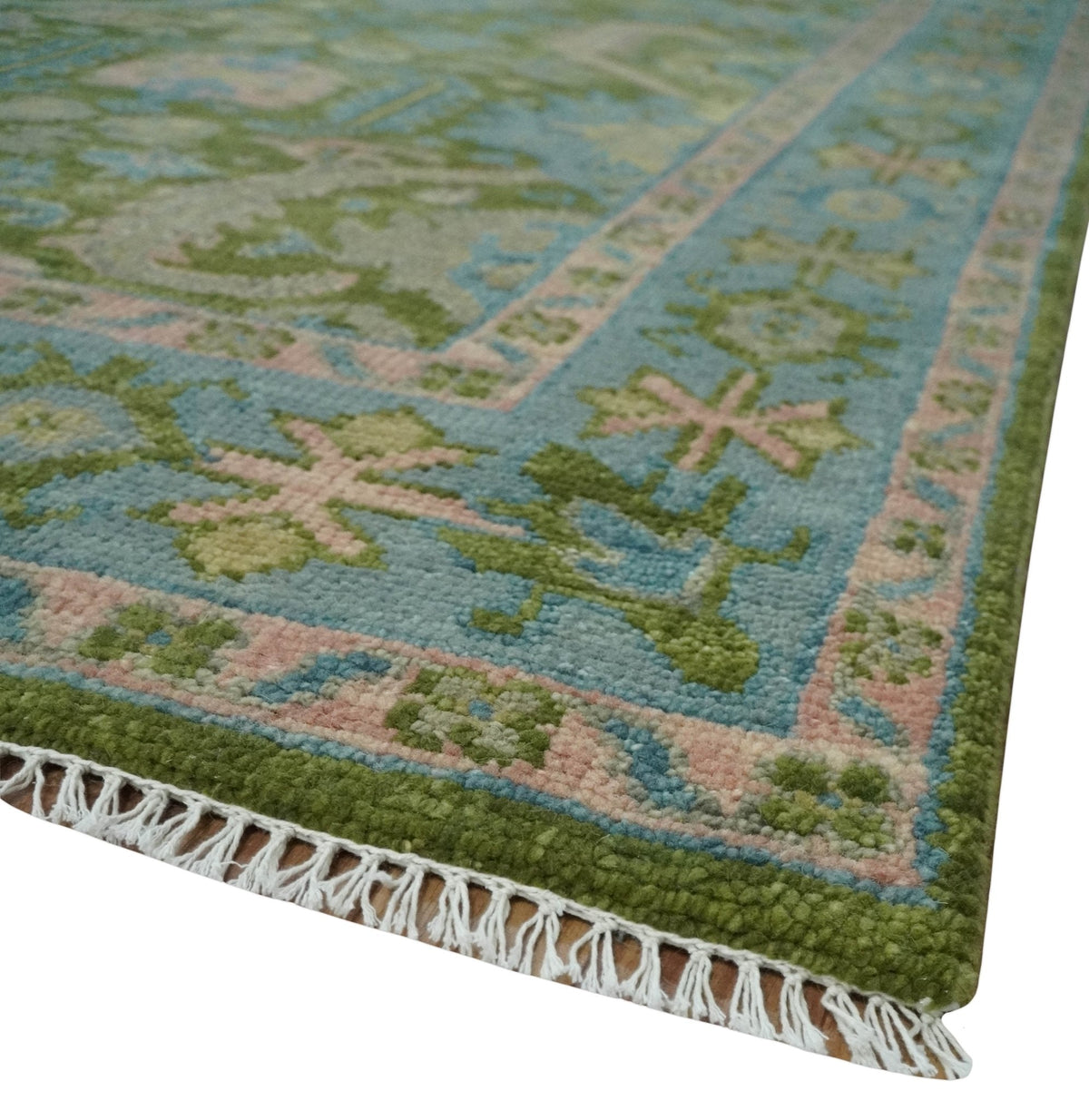 Custom Made Hand Knotted Green, Silver and Peach Traditional Oushak Wool Area Rug.