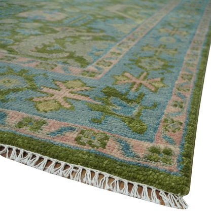 Custom Made Hand Knotted Green, Silver and Peach Traditional Oushak Wool Area Rug.