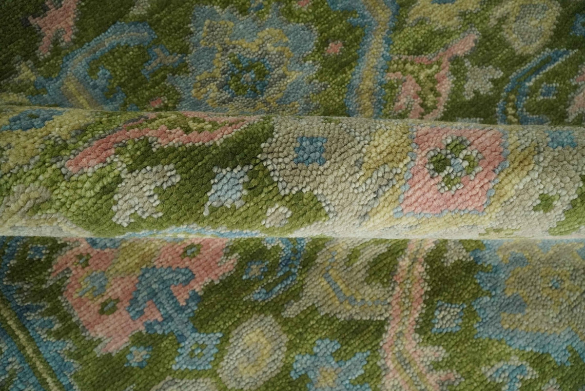 Custom Made Hand Knotted Green, Silver and Peach Traditional Oushak Wool Area Rug.