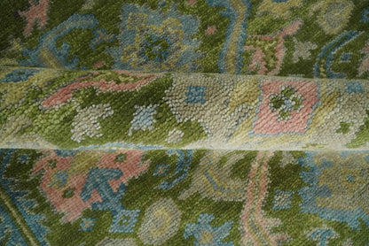 Custom Made Hand Knotted Green, Silver and Peach Traditional Oushak Wool Area Rug.