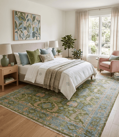 Custom Made Hand Knotted Green, Silver and Peach Traditional Oushak Wool Area Rug.