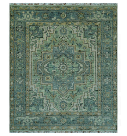 Custom Made Hand Knotted Green and Taupe Traditional wool rug.