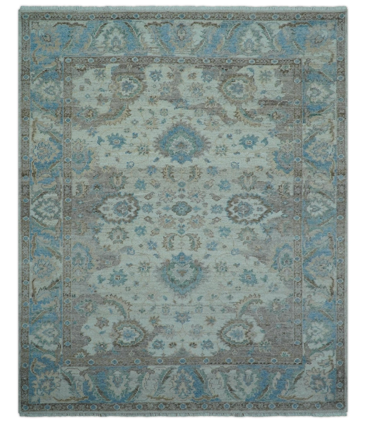 Custom Made Hand Knotted Ivory and Blue Traditional Turkish Afghan Wool Rug.