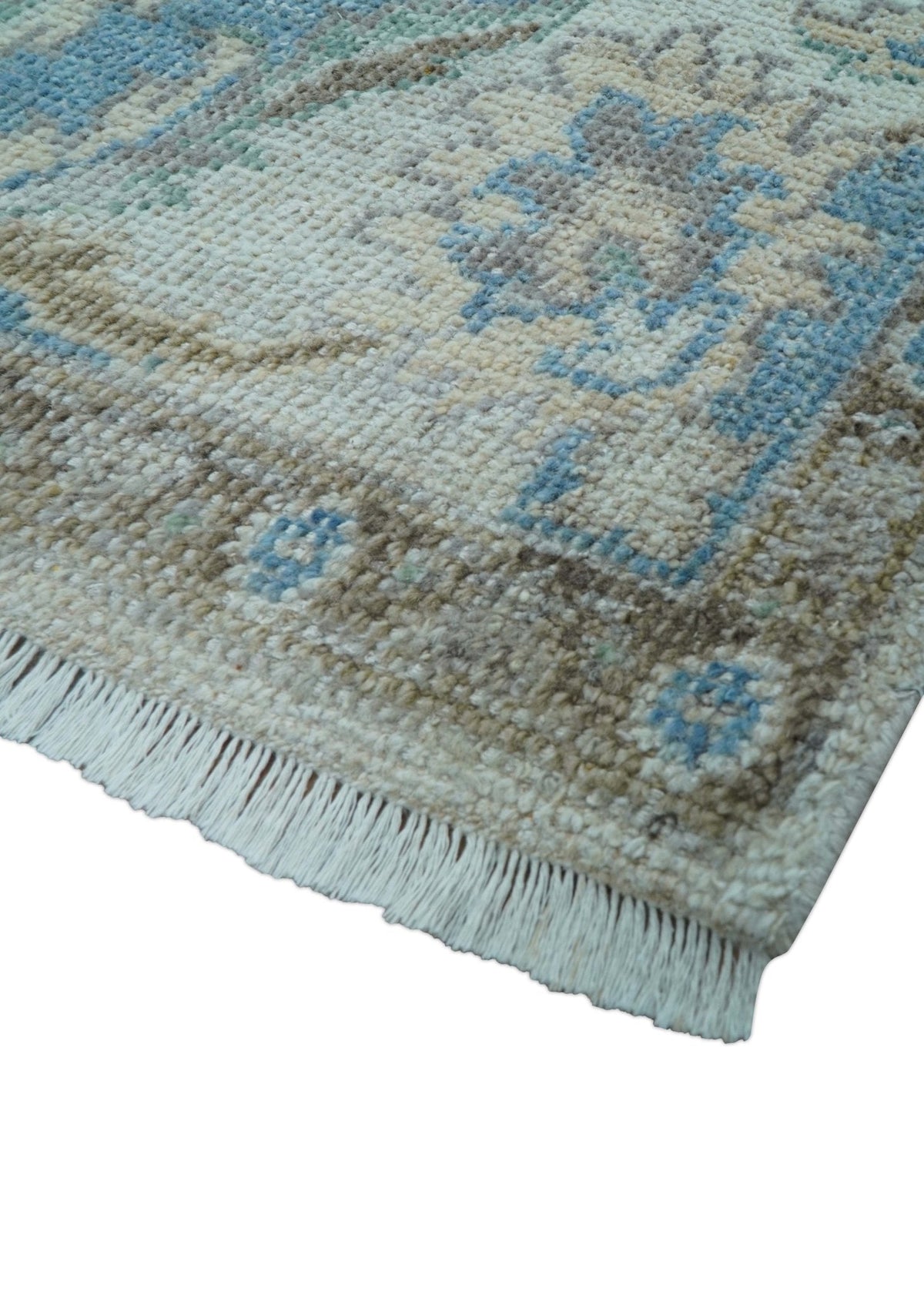 Custom Made Hand Knotted Ivory and Blue Traditional Turkish Afghan Wool Rug.