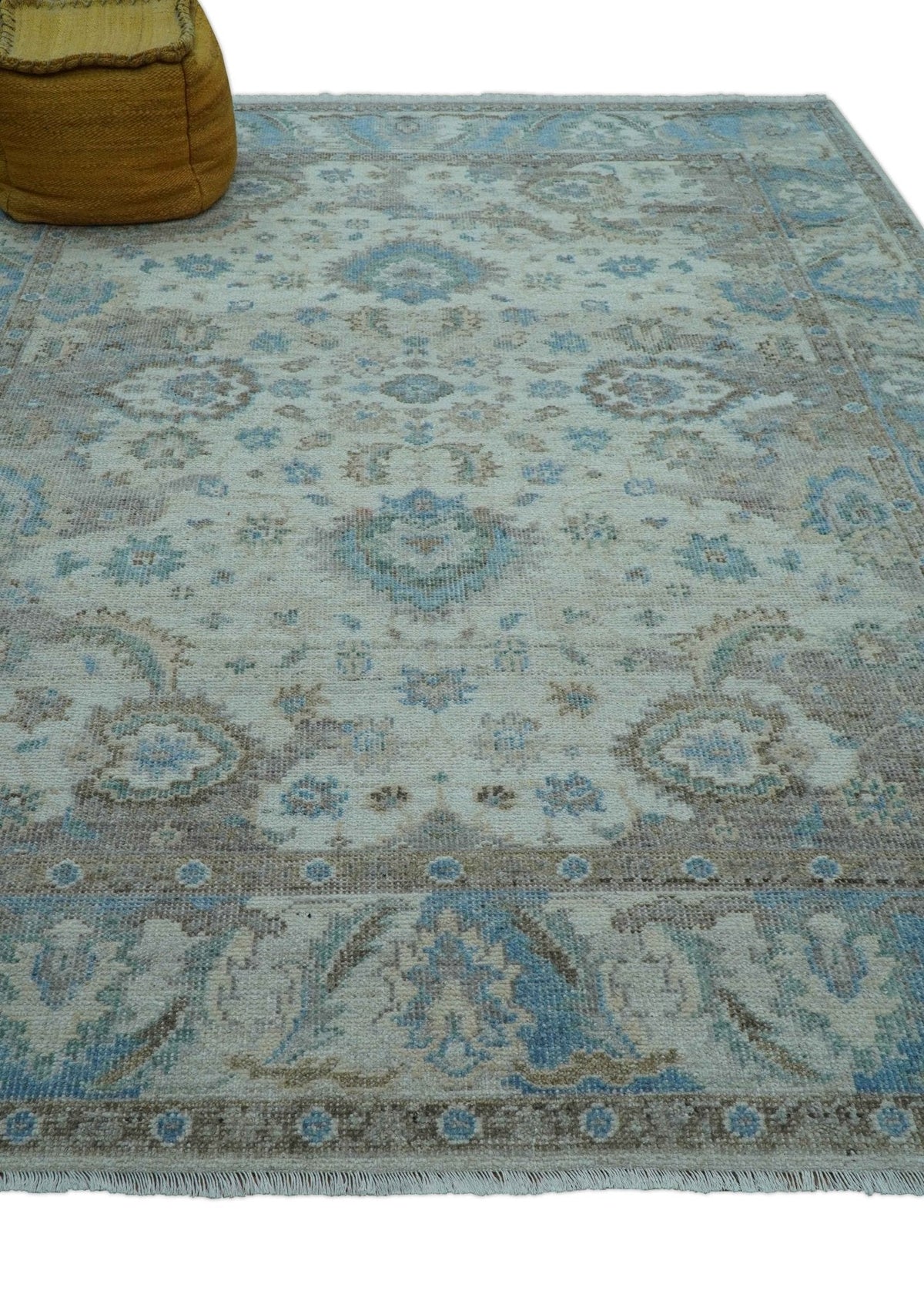 Custom Made Hand Knotted Ivory and Blue Traditional Turkish Afghan Wool Rug.
