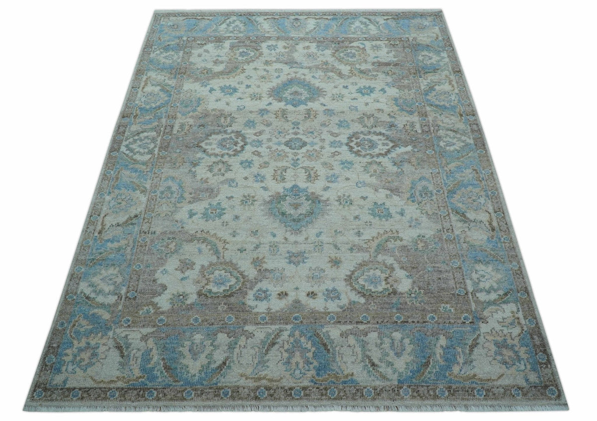Custom Made Hand Knotted Ivory and Blue Traditional Turkish Afghan Wool Rug.