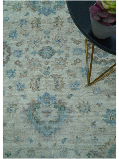 Custom Made Hand Knotted Ivory and Blue Traditional Turkish Afghan Wool Rug.