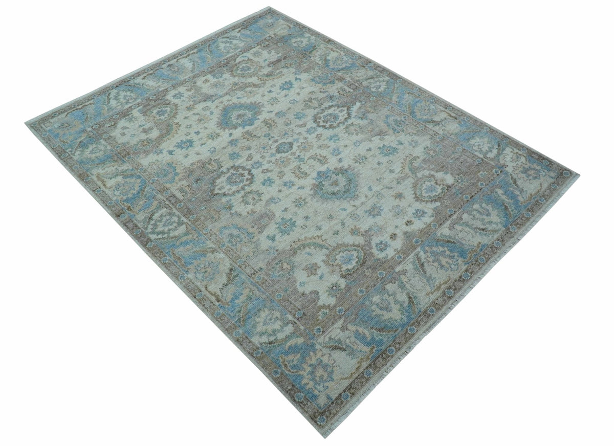 Custom Made Hand Knotted Ivory and Blue Traditional Turkish Afghan Wool Rug.