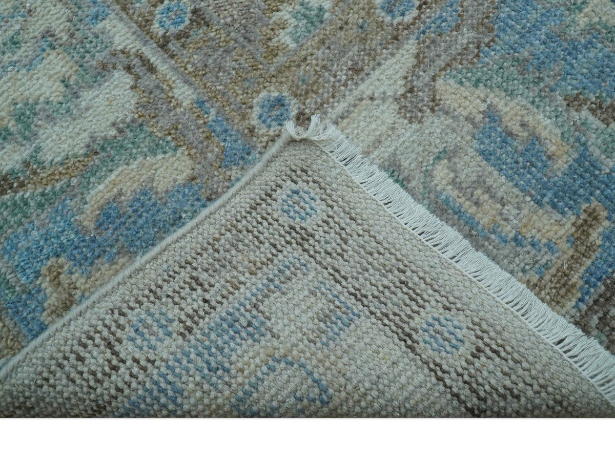 Custom Made Hand Knotted Ivory and Blue Traditional Turkish Afghan Wool Rug.