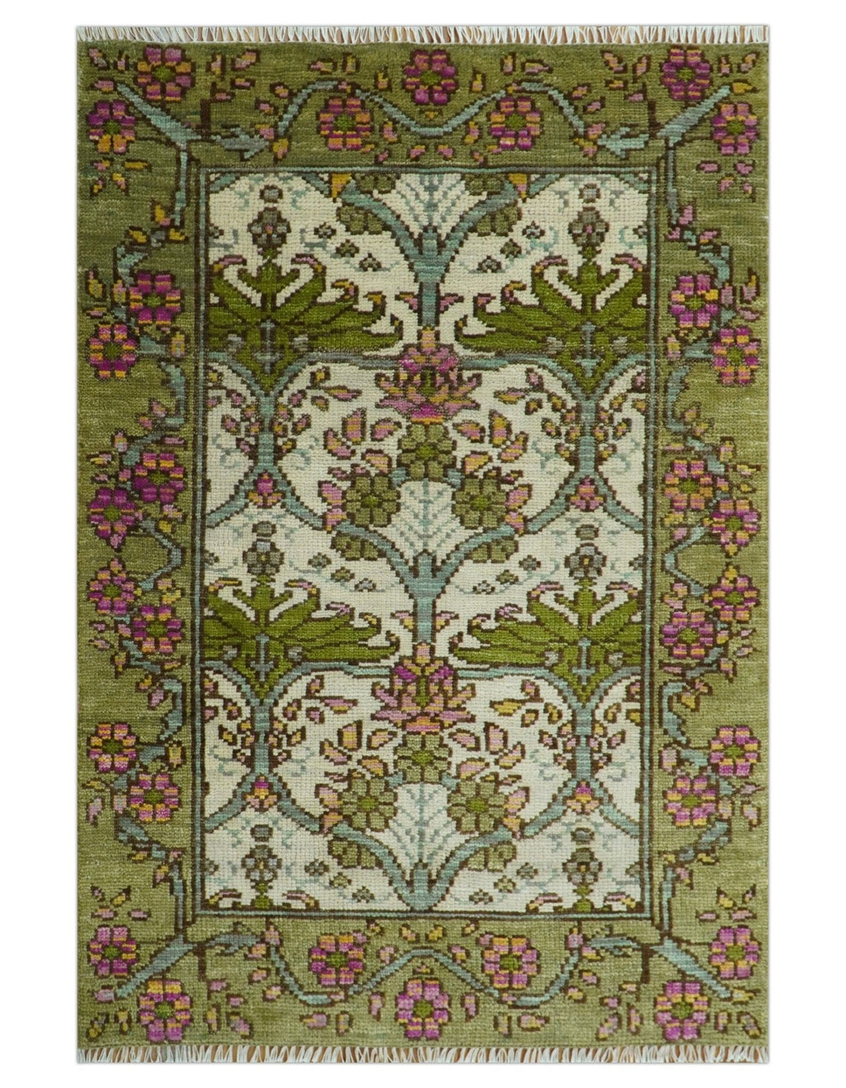 Custom Made Hand Knotted Ivory and Green Floral Traditional Style Wool Area Rug.