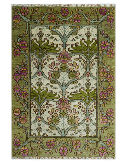 Custom Made Hand Knotted Ivory and Green Floral Traditional Style Wool Area Rug.