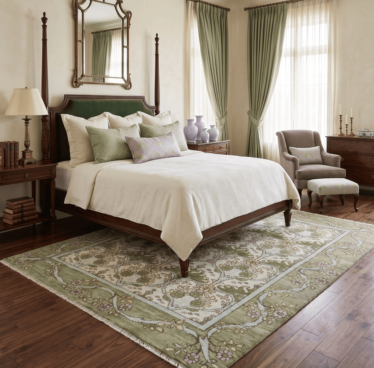 Custom Made Hand Knotted Ivory and Green Floral Traditional Style Wool Area Rug.