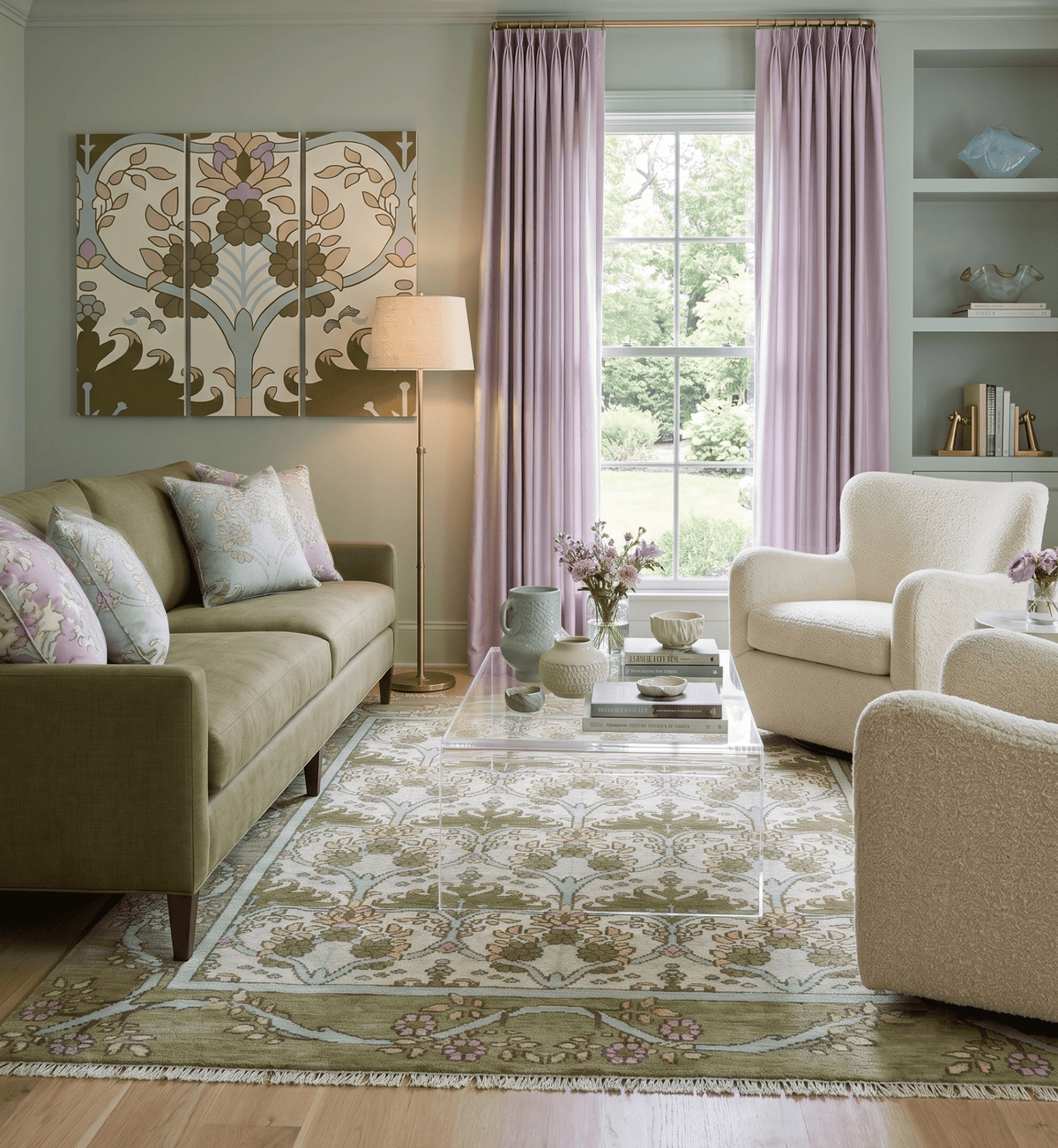 Custom Made Hand Knotted Ivory and Green Floral Traditional Style Wool Area Rug.